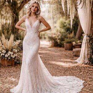 Elegant Lace V-Neck Wedding Dress in Ivory